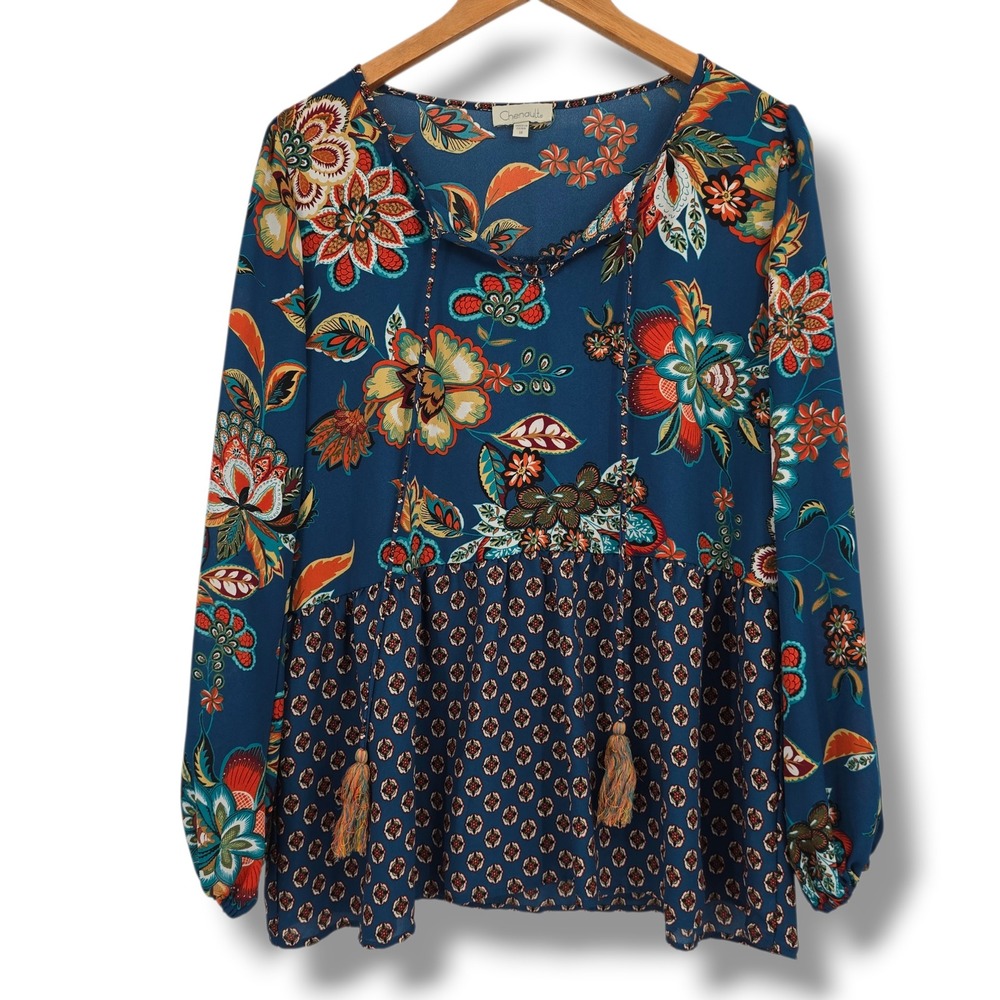 Chenault Womens Floral Geometric Mixed Print Tassel Tie Peasant Blouse Medium